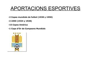 APORTACIONS ESPORTIVES
-2 Copes mundials de futbol (1930 y 1950)
-2 JJOO (1924 y 1928)
-15 Copes Amèrica
-1 Copa d'Or de Campeons Mundials
 