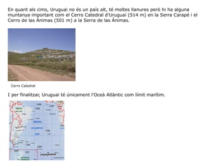 En quant als cims, Uruguai no és un país alt, té moltes llanures però hi ha alguna
muntanya important com el Cerro Catedral d'Uruguai (514 m) en la Serra Carapé i el
Cerro de las Ánimas (501 m) a la Serra de las Ánimas.
Cerro Catedral
I per finalitzar, Uruguai té únicament l'Oceà Atlàntic com límit marítim.
 