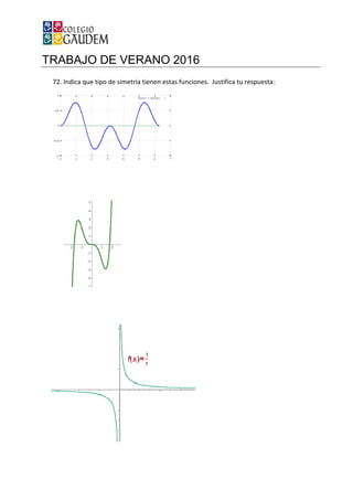 TRABAJO DE VERANO 2016
72. Indica que tipo de simetría tienen estas funciones. Justifica tu respuesta:
TRABAJO DE VERANO 2016
Indica que tipo de simetría tienen estas funciones. Justifica tu respuesta:Indica que tipo de simetría tienen estas funciones. Justifica tu respuesta:
 
