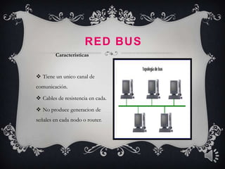 RED BUS
        Caracteristicas



 Tiene un unico canal de
comunicación.

 Cables de resistencia en cada.

 No produce generacion de
señales en cada nodo o router.
 
