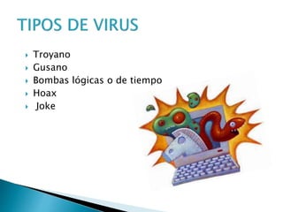  Troyano
 Gusano
 Bombas lógicas o de tiempo
 Hoax
 Joke
 