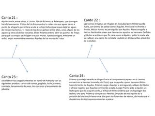 Canto 21 :
Aquiles mata, entre otros, a Licaón, hijo de Príamo y a Asteropeo, que consigue          Canto 22 :
herirlo levemente. El dios del río Escamandro lo rodea con sus aguas y está a            Las fuerzas troyanas se refugian en la ciudad pero Héctor queda
punto de ahogarlo, pero Hera acude a su hijo Hefesto para que aleje las aguas            fuera, con ánimo de pelear contra Aquiles. Pero una vez frente a
del río con las llamas. El resto de los dioses pelean entre ellos, unos a favor de los   frente, Héctor huye y es perseguido por Aquiles. Atenea engaña a
aqueos y otros al de los troyanos. El rey Príamo ordena abrir las puertas de Troya       Héctor haciéndole creer que tiene en su ayuda a su hermano Deífobo
para que sus tropas se refugien tras sus muros. Apolo consigue, mediante un              y Héctor se enfrenta por fin cara a cara a Aquiles, quien lo mata, ata
ardid, alejar momentáneamente a Aquiles de los muros de Troya.                           su cadáver a su carro de combate y subido en él da vueltas alrededor
                                                                                         de la ciudad.




Canto 23 :                                                                Canto 24 :
                                                                          Príamo y un viejo heraldo se dirigen hacia el campamento aqueo: en el camino
Se celebran los Juegos funerarios en honor de Patroclo con las
                                                                          encuentran a Hermes (enviado por Zeus), que los ayuda a pasar desapercibidos
siguientes pruebas: carrera de carros, pugilato, lucha, carrera,
                                                                          hasta la tienda de Aquiles. Príamo ruega a Aquiles le entregue el cadáver de Héctor
combate, lanzamiento de peso, tiro con arco y lanzamiento de
                                                                          y ofrece regalos, que Aquiles conmovido acepta. Luego Príamo pide a Aquiles un
jabalina.
                                                                          lecho para que lo acoja el sueño, y el hijo de Peleo ordena que se dispongan dos
                                                                          lechos; uno para Príamo y otro para su heraldo.Después de eso Aquiles da a
                                                                          petición del anciano Príamo once días para los funerales de Héctor, de modo que el
                                                                          duodécimo día los troyanos volverían a pelear.
 