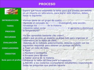 PROCESO
Espero que hayas entendido la tarea para que puedas convertirte
en un experto en laboratorio, para lograr este objetivo, debes
hacer lo siguiente:
INTRODUCCIÓN
TAREA
PROCESO

•Formar parte de un grupo de cuatro.
•Aprende el concepto de materia investigando esta sección.
•Investiga los estados de la materia.
•¿Quieres saber como cambia la materia si aumenta o disminuye
la temperatura?

•Ya has aprendido bastante ¿No crees?.
•Ahora que ya eres un experto ya estas listo para organizar el
Laboratorio en tu salón de clase.
EVALUACIÓN
•Además de lo indicado anteriormente, deberás cumplir con los
siguientes requisitos para obtener un puntaje de 100%.
a.Traer un cubo de hielo.
CONCLUSIONES
b.Agua
c.Mechero y accesorios
CREDITOS
d.Envases para líquidos
e.Hablar acerca de la materia.
Guía para el profesor
f.Preparar tu salón de clase para la exposición.
g.Atender a los visitantes (compañeros estudiantes) respondiendo
todas las preguntas que podrían hacerte .
RECURSOS

 