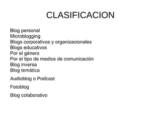 CLASIFICACION
Blog personal
Microblogging
Blogs corporativos y organizacionales
Blogs educativos
Por el género
Por el tipo de medios de comunicación
Blog inversa
Blog temática
Audioblog o Podcast
Fotoblog
Blog colaborativo

 