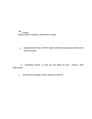 Justificar 
Alinea el texto de izquierda y derecha de la margen. 
Espaciado entre líneas y Permite elegir la cantidad de espacio que aparece entre 
lineas de parrafo. 
Sombreado Cambia el color que esta detrás del texto , parrafo o tabla 
seleccionado. 
Bordes.Permite agregar o quitar bordes a la selección. 
 