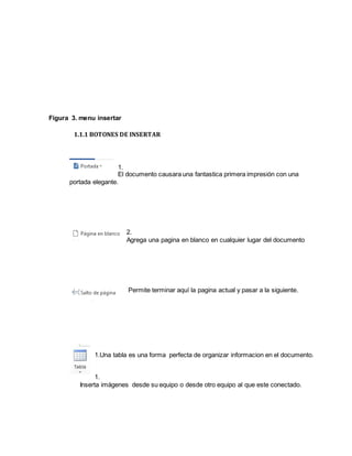 Figura 3. menu insertar 
1.1.1 BOTONES DE INSERTAR 
1. 
El documento causara una fantastica primera impresión con una 
portada elegante. 
2. 
Agrega una pagina en blanco en cualquier lugar del documento 
Permite terminar aquí la pagina actual y pasar a la siguiente. 
1.Una tabla es una forma perfecta de organizar informacion en el documento. 
1. 
Inserta imágenes desde su equipo o desde otro equipo al que este conectado. 
 