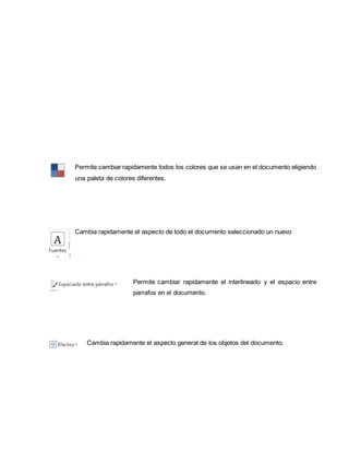 Permite cambiar rapidamente todos los colores que se usan en el documento eligiendo 
una paleta de colores diferentes. 
Cambia rapidamente el aspecto de todo el documento seleccionado un nuevo 
Permite cambiar rapidamente el interlineado y el espacio entre 
parrafos en el documento. 
Cambia rapidamente el aspecto general de los objetos del documento. 
 