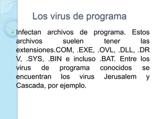 Los virus de programa
   Infectan archivos de programa. Estos
    archivos      suelen      tener     las
    extensiones.COM, .EXE, .OVL, .DLL, .DR
    V, .SYS, .BIN e incluso .BAT. Entre los
    virus de programa conocidos se
    encuentran los virus Jerusalem y
    Cascada, por ejemplo.
 