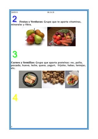 26/05/11                          06:14:18



      Frutas y Verduras: Grupo que te aporta vitaminas,
minerales y fibra. 




                                                        




Carnes y Semillas: Grupo que aporta proteínas: res, pollo,
pescado, huevo, leche, queso, yogurt, frijoles, habas, lentejas,
etc. 




                                                            




4
 