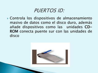  Controla los dispositivos de almacenamiento
masivo de datos como el disco duro, además
añade dispositivos como las unidades CD-
ROM conecta puente sur con las unidades de
disco
 
