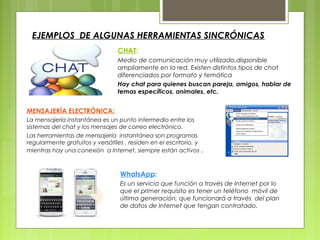 EJEMPLOS DE ALGUNAS HERRAMIENTAS SINCRÓNICAS
CHAT:
Medio de comunicación muy utilizado,disponible
ampliamente en la red. Existen distintos tipos de chat
diferenciados por formato y temática
Hay chat para quienes buscan pareja, amigos, hablar de
temas específicos, animales, etc.
MENSAJERÍA ELECTRÓNICA:
La mensajería instantánea es un punto intermedio entre los
sistemas del chat y los mensajes de correo electrónico.
Las herramientas de mensajería instantánea son programas
regularmente gratuitos y versátiles , residen en el escritorio, y
mientras hay una conexión a Internet, siempre están activos .
 
WhatsApp:
Es un servicio que función a través de Internet por lo
que el primer requisito es tener un teléfono móvil de
última generación, que funcionará a través del plan
de datos de Internet que tengan contratado.
 
 