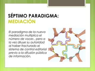 SÉPTIMO PARADIGMA:
MEDIACIÓN
El paradigma de la nueva
mediación multiplica el
número de voces , pero a
la vez diluye su autoridad
al haber fracturado el
sistema de control editorial
previo a la difusión pública
de información.
 