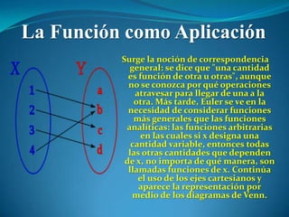 La Función como Aplicación
          Surge la noción de correspondencia
            general: se dice que "una cantidad
            es función de otra u otras", aunque
            no se conozca por qué operaciones
              atravesar para llegar de una a la
              otra. Más tarde, Euler se ve en la
            necesidad de considerar funciones
              más generales que las funciones
           analíticas: las funciones arbitrarias
                en las cuales si x designa una
             cantidad variable, entonces todas
            las otras cantidades que dependen
           de x, no importa de qué manera, son
            llamadas funciones de x. Continúa
               el uso de los ejes cartesianos y
               aparece la representación por
             medio de los diagramas de Venn.
 