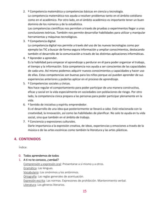 15
2. º Competencia matemática y competencias básicas en ciencia y tecnología.
La competencia matemática nos ayuda a resolver problemas tanto en el ámbito cotidiano
como en el académico. Por otro lado, en el ámbito académico es importante tener un buen
dominio de los números y de la estadística.
Las competencias científicas nos permiten a través de pruebas o experimentos llegar a unas
conclusiones teóricas. También nos permite desarrollar habilidades para utilizar y manipular
herramientas y máquinas tecnológicas.
3. º Competencia digital.
La competencia digital nos permite a través del uso de las nuevas tecnologías como por
ejemplo las TIC a buscar de forma segura información y ampliar conocimientos, destacando
también el desarrollo de la comunicación a través de las distintas aplicaciones informáticas.
4. º Aprender a aprender.
Es la habilidad para empezar el aprendizaje y perdurar en él para poder organizar el trabajo,
el tiempo y la información. Esta competencia nos ayuda a ser conscientes de las capacidades
de cada uno. Así mismo podemos adquirir nuevos conocimientos y capacidades y hacer uso
de ellas. Estas competencias son buenas para los niños porque así pueden aprender de sus
experiencias anteriores y poderlas aplicar en el proceso de aprendizaje.
5. º Competencias sociales y cívicas.
Nos hace regular el comportamiento para poder participar de una manera constructiva,
eficaz y social en la vida especialmente en sociedades con poblaciones de riesgo. Por otro
lado, la competencia cívica prepara a las personas para poder participar plenamente en la
vida.
6. º Sentido de iniciativa y espíritu emprendedor.
Es el desarrollo de una idea que posteriormente se llevará a cabo. Está relacionada con la
creatividad, la innovación, así como las habilidades de planificar. No solo te ayuda en tu vida
social, sino que también en el ámbito de trabajo.
7. º Conciencia y expresiones culturales.
Darle importancia a la expresión creativa, de ideas, experiencias y emociones a través de la
música o de las artes escénicas como también la literatura y las artes plásticas.
4. CONTENIDOS
Índice:
0. Todos aprendemos de todos
1. A ti no te conozco, ¿verdad?
Comprensión y expresión oral: Presentarse a sí mismo y a otros.
Gramática: Las lenguas.
Vocabulario: Los sinónimos y los antónimos.
Ortografía: Las reglas generales de acentuación.
Expresión escrita: Las normas. Expresiones de prohibición. Mantenimiento verbal.
Literatura: Los géneros literarios.
 