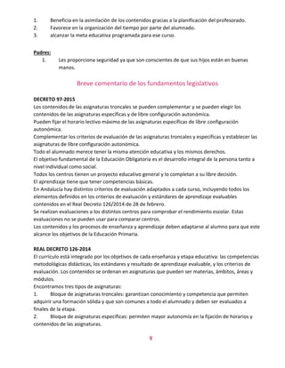 4
1. Beneficia en la asimilación de los contenidos gracias a la planificación del profesorado.
2. Favorece en la organización del tiempo por parte del alumnado.
3. alcanzar la meta educativa programada para ese curso.
Padres:
1. Les proporciona seguridad ya que son conscientes de que sus hijos están en buenas
manos.
Breve comentario de los fundamentos legislativos
DECRETO 97-2015
Los contenidos de las asignaturas troncales se pueden complementar y se pueden elegir los
contenidos de las asignaturas específicas y de libre configuración autonómica.
Pueden fijar el horario lectivo máximo de las asignaturas específicas de libre configuración
autonómica.
Complementar los criterios de evaluación de las asignaturas troncales y específicas y establecer las
asignaturas de libre configuración autonómica.
Todo el alumnado merece tener la misma atención educativa y los mismos derechos.
El objetivo fundamental de la Educación Obligatoria es el desarrollo integral de la persona tanto a
nivel individual como social.
Todos los centros tienen un proyecto educativo general y lo completan a su libre decisión.
El aprendizaje tiene que tener competencias básicas.
En Andalucía hay distintos criterios de evaluación adaptados a cada curso, incluyendo todos los
elementos definidos en los criterios de evaluación y estándares de aprendizaje evaluables
contenidos en el Real Decreto 126/2014 de 28 de febrero.
Se realizan evaluaciones a los distintos centros para comprobar el rendimiento escolar. Estas
evaluaciones no se pueden usar para comparar centros.
Los contenidos y los procesos de enseñanza y aprendizaje deben adaptarse al alumno para que este
alcance los objetivos de la Educación Primaria.
REAL DECRETO 126-2014
El currículo está integrado por los objetivos de cada enseñanza y etapa educativa: las competencias
metodológicas didácticas, los estándares y resultado de aprendizaje evaluable, y los criterios de
evaluación. Los contenidos se ordenan en asignaturas que pueden ser materias, ámbitos, áreas y
módulos.
Encontramos tres tipos de asignaturas:
1. Bloque de asignaturas troncales: garantizan conocimiento y competencia que permiten
adquirir una formación sólida y que son comunes a todo el alumnado y deben ser evaluados a
finales de la etapa.
2. Bloque de asignaturas específicas: permiten mayor autonomía en la fijación de horarios y
contenidos de las asignaturas.
 