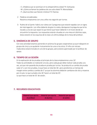 44
- E: ¿Palabras que se acentúan en la antepenúltima silaba? R: Esdrújulas
- M: ¿Cómo se llaman las palabras de una sola silaba? R: Monosílabas
- P: ¿Qué escribía Juan Ramón Jiménez? R: Poemas
2- Palabras encadenadas:
Nosotros empezamos con una y ellos nos seguirán por turnos.
3- Ruleta de la Suerte: habrá una ruleta con 5 preguntas que estarán tapadas con un signo
de interrogación. Los niños deberán de girar la ruleta, destaparan la pregunta que le ha
tocado y una vez que sepan lo que tienen que hacer deberán ir al rincón donde se
encuentre la respuesta. Las respuestas estarán situadas en una mesa en distintas cajas,
éstas estarán en las esquinas de la clase y la última debajo de la mesa del profesor.
5. DINÁMICA DE GRUPO
Con esta actividad estamos poniendo en práctica los grupos cooperativos ya que trabajarán en
grupos de cinco y se ayudarán mutuamente los unos a los otros. El niño con retraso
madurativo estará incluido en uno de los grupos, pero estará supervisado por el profesor de
apoyo.
6. TIEMPO DE LA SESIÓN
En la explicación de las pruebas al principio de la clase emplearemos unos 10’.
Todas las actividades se realizarán a la vez, pero cada grupo debe realizar cada prueba una
vez, así que irán pasando de prueba en prueba por turnos. Se producirá un cambio de prueba
cada 12’ y son tres pruebas, lo que hace un total de 36’, pero pondremos un tiempo de
margen entre cambio y cambio de 3’ ya que los alumnos deberán cambiarse de sitio y moverse
por el aula. Lo que sumado a los 36’ hacen un total de 45’.
Lo que hace un total de 55’ de sesión.
7. RECURSOS EDUCATIVOS
Material que aporta
el profesor
Material que aporta
el alumno
Material que aporta
el centro
 