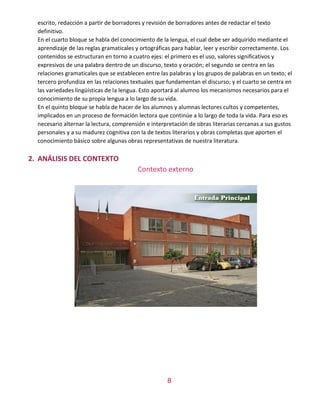 8
escrito, redacción a partir de borradores y revisión de borradores antes de redactar el texto
definitivo.
En el cuarto bloque se habla del conocimiento de la lengua, el cual debe ser adquirido mediante el
aprendizaje de las reglas gramaticales y ortográficas para hablar, leer y escribir correctamente. Los
contenidos se estructuran en torno a cuatro ejes: el primero es el uso, valores significativos y
expresivos de una palabra dentro de un discurso, texto y oración; el segundo se centra en las
relaciones gramaticales que se establecen entre las palabras y los grupos de palabras en un texto; el
tercero profundiza en las relaciones textuales que fundamentan el discurso; y el cuarto se centra en
las variedades lingüísticas de la lengua. Esto aportará al alumno los mecanismos necesarios para el
conocimiento de su propia lengua a lo largo de su vida.
En el quinto bloque se habla de hacer de los alumnos y alumnas lectores cultos y competentes,
implicados en un proceso de formación lectora que continúe a lo largo de toda la vida. Para eso es
necesario alternar la lectura, comprensión e interpretación de obras literarias cercanas a sus gustos
personales y a su madurez cognitiva con la de textos literarios y obras completas que aporten el
conocimiento básico sobre algunas obras representativas de nuestra literatura.
2. ANÁLISIS DEL CONTEXTO
Contexto externo
 
