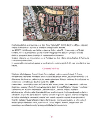 9
El colegio Arboleda se encuentra en la Calle Reina Victoria (CP: 41020). Son tres edificios rojos con
amplias instalaciones y espacios al aire libre, como pistas de deporte.
Son 102.855 individuos los que habitan esta zona, de los cuales 52.195 son mujeres y 50.660
hombres. Es una buena zona ya que no encontramos problemas de ruido y ninguna zona de
conflicto que pueda poner en peligro el funcionamiento del centro.
Cerca de esta zona nos encontramos con la Parroquia San José y Santa María, la plaza de Fuensanta
y un amplio polideportivo.
Es una zona bien comunicada ya que se puede acceder en coche por la A-92, a pie y mediante el bus
urbano.
Contexto interno
El Colegio Arboleda es un Centro Privado Concertado de carácter no confesional. El Centro,
debidamente autorizado, imparte las enseñanzas de: Educación infantil, Educación Primaria y ESO.
Ofreciendo dos líneas por cada uno de los niveles educativos. Además, debemos de resaltar que es
oficialmente centro bilingüe desde el curso 2013-2014.
El Centro está constituido por tres edificios ubicados en una parcela de 17.000 metros cuadrados.
Dispone de aulas de Infantil, Primaria y Secundaria, Salón de Usos Múltiples, Taller de Tecnología y
Laboratorio, dos Aulas de Informática, Comedor Escolar, Ludoteca, Infoteca y Zona de
Administración y Profesorado. Ofrece también un amplio gimnasio donde podrán realizar distintas
actividades propuestas por el docente y consta también de grandes espacios abiertos como pistas
de fútbol, voleibol y de baloncesto, aunque para los más pequeños dispone de parque infantil.
El centro trata de inculcar a los alumnos mediante ciertas normas valores como la tolerancia, el
respeto y la igualdad tanto social, como sexual, racial y religiosa. Además, despertar en ellos
capacidades como la autonomía, la responsabilidad y el compañerismo.
 