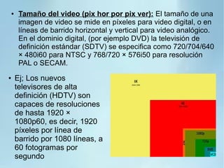 ● Tamaño del video (pix hor por pix ver): El tamaño de una
imagen de video se mide en píxeles para video digital, o en
líneas de barrido horizontal y vertical para video analógico.
En el dominio digital, (por ejemplo DVD) la televisión de
definición estándar (SDTV) se especifica como 720/704/640
× 480i60 para NTSC y 768/720 × 576i50 para resolución
PAL o SECAM.
● Ej; Los nuevos
televisores de alta
definición (HDTV) son
capaces de resoluciones
de hasta 1920 ×
1080p60, es decir, 1920
píxeles por línea de
barrido por 1080 líneas, a
60 fotogramas por
segundo
 
