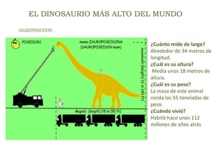 EL DINOSAURIO MÁS ALTO DEL MUNDO
¿Cuánto mide de largo?
Alrededor de 34 metros de
longitud.
¿Cuál es su altura?
Medía unos 18 metros de
altura.
¿Cuál es su peso?
La masa de este animal
ronda las 55 toneladas de
peso.
¿Cuándo vivió?
Habitó hace unos 112
millones de años atrás
SAUROPOSEIDON:
 