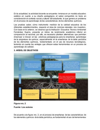 En la actualidad, la actividad docente se encuentra inmersa en un modelo educativo
estático en cuanto a su diseño pedagógico, el saber compartido no tiene en
consideración el contexto social y cultural del estudiante, lo que genera un problema
en el proceso de aprendizaje de las características de los elementos químicos.
Las pruebas saber, cómo instrumento medidor de la calidad educativa de los
diferentes establecimientos, respecto al área de ciencias naturales nos muestran.
Con base en lo anterior, se observa que la Institución Educativa Técnico Ambiental
Fernández Guerra, presenta un índice de rendimiento académico inferior en
comparación al nacional, por ello, es necesario plantear alternativas que permitan
dinamizar e innovar en las prácticas pedagógicas para la enseñanza aprendizaje
de la asignatura de química, especialmente en la enseñanza de la tabla periódica
de los elementos químicos, fundamentado en el uso de recursos tecnológicos,
teniendo en cuenta las ventajas que ofrecen estas herramientas en un proceso de
aprendizaje de calidad.
3. ARBOL DE OBJETIVOS
Figura nro. 2
Fuente: Los autores
De acuerdo a la figura nro. 2, en el proceso de enseñanza de las características de
los elementos químicos de la tabla periódica, es fundamental el uso de herramientas
 