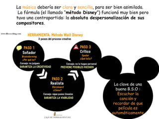 La música debería ser clara y sencilla, para ser bien asimilada.
La fórmula (el llamado “método Disney”) funcionó muy bien pero
tuvo una contrapartida: la absoluta despersonalización de sus
compositores.
La clave de una
buena B.S.O :
Escuchar la
canción y
recordar de que
película es
automáticamente
 