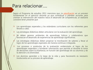 Para relacionar….
Según el Programa de estudios 2011 menciona que La planificación es un proceso
fundamental en el ejercicio docente ya que contribuye a plantear acciones para
orientar la intervención del maestro hacia el desarrollo de competencias, al realizarla
conviene tener presente que:
 Los aprendizajes esperados y los estándares curriculares son los referentes para
llevarla a cabo.
 Las estrategias didácticas deben articularse con la evaluación del aprendizaje.
 Se deben generar ambientes de aprendizaje lúdicos y colaborativos que
favorezcan el desarrollo de experiencias de aprendizaje significativas.
 Las estrategias didácticas deben propiciar la movilización de saberes y llevar al
logro de los aprendizajes esperados de manera continua e integrada.
 Los procesos o productos de la evaluación evidenciarán el logro de los
aprendizajes esperados y brindarán información que permita al docente la toma
de decisiones sobre la enseñanza, en función del aprendizaje de sus alumnos y de
la atención a la diversidad.
 Los alumnos aprenden a lo largo de la vida y para favorecerlo es necesario
involucrarlos en su proceso de aprendizaje.
 