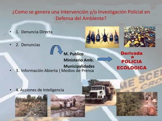 ¿Como se genera una Intervención y/o Investigación Policial en
                   Defensa del Ambiente?

• 1. Denuncia Directa

• 2. Denuncias

                            M. Publico           Derivada
                                                     a
                            Ministerio Amb.      POLICIA
                            Municipalidades     ECOLOGICA
• 3. Información Abierta { Medios de Prensa



• 4. Acciones de Inteligencia
 