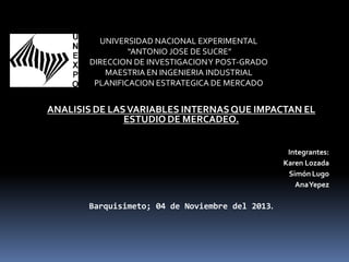 UNIVERSIDAD NACIONAL EXPERIMENTAL
“ANTONIO JOSE DE SUCRE”
DIRECCION DE INVESTIGACION Y POST-GRADO
MAESTRIA EN INGENIERIA INDUSTRIAL
PLANIFICACION ESTRATEGICA DE MERCADO

ANALISIS DE LAS VARIABLES INTERNAS QUE IMPACTAN EL
ESTUDIO DE MERCADEO.
Integrantes:
Karen Lozada
Simón Lugo
Ana Yepez

Barquisimeto; 04 de Noviembre del 2013.

 