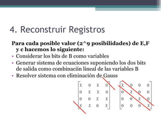 4. Reconstruir Registros <ul><li>Para cada posible valor (2^9 posibilidades) de E,F y c hacemos lo siguiente: </li></ul><u...