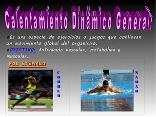 *Es una especie de ejercicios o juegos que conllevan
un movimiento global del organismo.
*OBJETIVO: Activación vascular, metabólica y
muscular.



                   C                             N
                   O                             A
                   R                             D
                   R                             A
                   E                             R
                   R
 