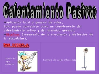 *Aplicación local o general de calor.
Solo puede concebirse como un complemento del
calentamiento activo y del dinámico general.
*Objetivo: Incremento de la circulación y distensión de
la musculatura.




Ducha de
                        Lampara de rayos infrarrojos:
agua
caliente:
 