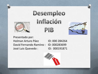 Presentado por:
Holman Arturo Páez       ID: 000 284264
David Fernando Ramírez : ID: 000283699
José Luis Quevedo :      ID: 000191871
 
