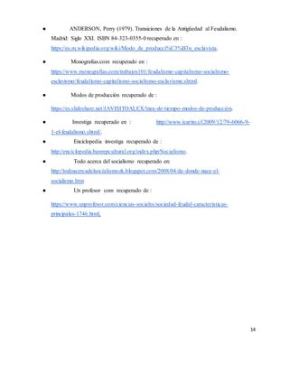 14
● ANDERSON, Perry (1979). Transiciones de la Antigüedad al Feudalismo.
Madrid: Siglo XXI. ISBN 84-323-0355-0 recuperado en :
https://es.m.wikipedia.org/wiki/Modo_de_producci%C3%B3n_esclavista.
● Monografias.com recuperado en :
https://www.monografias.com/trabajos101/feudalismo-capitalismo-socialismo-
esclavismo/feudalismo-capitalismo-socialismo-esclavismo.shtml.
● Modos de producciòn recuperado de :
https://es.slideshare.net/JAVISITOALEX/lnea-de-tiempo-modos-de-producción.
● Investiga recuperado en : http://www.icarito.cl/2009/12/79-6066-9-
1-el-feudalismo.shtml/.
● Enciclopedia investiga recuperado de :
http://enciclopedia.banrepcultural.org/index.php/Socialismo.
● Todo acerca del socialismo recuperado en:
http://todoacercadelsocialismozk.blogspot.com/2008/04/de-donde-nace-el-
socialismo.htm
● Un profesor com recuperado de :
https://www.unprofesor.com/ciencias-sociales/sociedad-feudal-caracteristicas-
principales-1746.html.
 