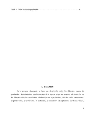 3
Tabla 1. Tabla Modos de producciòn…………………………………………………………6
1. RESUMEN
En el presente documento se hace una descripción sobre los diferentes modos de
producción, implementados en el transcurso de la historia y que han ayudado a la evolución en
los diferentes métodos económicos relacionados con la producción , entre los cuales encontramos:
el primitivismo, el esclavismo, el feudalismo, el socialismo, el capitalismo, desde sus inicios,
 