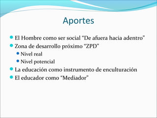 Aportes
El Hombre como ser social “De afuera hacia adentro”
Zona de desarrollo próximo “ZPD”
Nivel real
Nivel potencial
La educación como instrumento de enculturación
El educador como “Mediador”
 