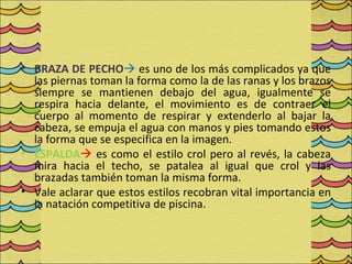 • BRAZA DE PECHO es uno de los más complicados ya que
  las piernas toman la forma como la de las ranas y los brazos
  siempre se mantienen debajo del agua, igualmente se
  respira hacia delante, el movimiento es de contraer el
  cuerpo al momento de respirar y extenderlo al bajar la
  cabeza, se empuja el agua con manos y pies tomando estos
  la forma que se especifica en la imagen.
• ESPALDA es como el estilo crol pero al revés, la cabeza
  mira hacia el techo, se patalea al igual que crol y las
  brazadas también toman la misma forma.
• Vale aclarar que estos estilos recobran vital importancia en
  la natación competitiva de piscina.
 