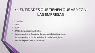 10.ENTIDADES QUETIENEN QUEVER CON
LAS EMPRESAS
• Comfama
• ICBF
• DIAN
• DANE: Empresas industriales
• Superintendencia Bancaria: Bancos, entidades financieras
• Superintendencia de Sociedades: Sociedades vigiladas
• Fondos de pensiones y cesantías
 