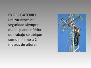 Es OBLIGATORIO utilizar arnés de seguridad siempre que el plano inferior de trabajo se ubique como mínimo a 2 metros de altura. 