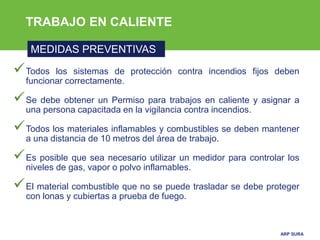 ARP SURA
TRABAJO EN CALIENTE
MEDIDAS PREVENTIVAS
Todos los sistemas de protección contra incendios fijos deben
funcionar correctamente.
Se debe obtener un Permiso para trabajos en caliente y asignar a
una persona capacitada en la vigilancia contra incendios.
Todos los materiales inflamables y combustibles se deben mantener
a una distancia de 10 metros del área de trabajo.
Es posible que sea necesario utilizar un medidor para controlar los
niveles de gas, vapor o polvo inflamables.
El material combustible que no se puede trasladar se debe proteger
con lonas y cubiertas a prueba de fuego.
 
