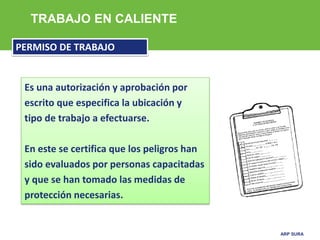 ARP SURA
Es una autorización y aprobación por
escrito que especifica la ubicación y
tipo de trabajo a efectuarse.
En este se certifica que los peligros han
sido evaluados por personas capacitadas
y que se han tomado las medidas de
protección necesarias.
TRABAJO EN CALIENTE
PERMISO DE TRABAJO
 