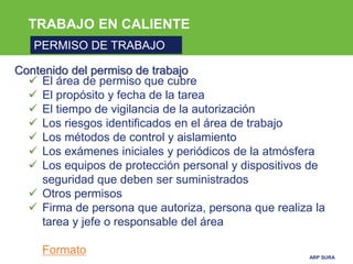 ARP SURA
TRABAJO EN CALIENTE
PERMISO DE TRABAJO
Contenido del permiso de trabajo
 El área de permiso que cubre
 El propósito y fecha de la tarea
 El tiempo de vigilancia de la autorización
 Los riesgos identificados en el área de trabajo
 Los métodos de control y aislamiento
 Los exámenes iniciales y periódicos de la atmósfera
 Los equipos de protección personal y dispositivos de
seguridad que deben ser suministrados
 Otros permisos
 Firma de persona que autoriza, persona que realiza la
tarea y jefe o responsable del área
Formato
 