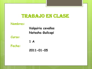 Trabajo en clase
Nombres:
           Valquiria cevallos
           Natasha Guilcapi
Curso:
           1 A
Fecha:
           2011-01-05
 