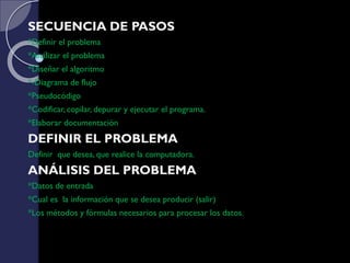 SECUENCIA DE PASOS
*Definir el problema
*Analizar el problema
*Diseñar el algoritmo
*-Diagrama de flujo
*Pseudocódigo
*Codificar, copilar, depurar y ejecutar el programa.
*Elaborar documentación
DEFINIR EL PROBLEMA
Definir que desea, que realice la computadora.
ANÁLISIS DEL PROBLEMA
*Datos de entrada
*Cual es la información que se desea producir (salir)
*Los métodos y fórmulas necesarios para procesar los datos.
 