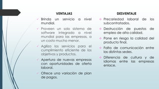VENTAJAS
 Brinda un servicio a nivel
mundial.
 Proveen un solo sistema de
software integrado a nivel
mundial para las empresas, a
un costo mucho menor.
 Agiliza los servicios para el
cumplimiento eficiente de los
objetivos y productos.
 Apertura de nuevas empresas
con oportunidades de oferta
laboral.
 Ofrece una variación de plan
de pagos.
DESVENTAJE
 Precariedad laboral de los
subcontratados.
 Destrucción de puestos de
empleo de alta calidad.
 Pone en riesgo la calidad del
producto final.
 Falta de comunicación entre
las distintas sedes.
 Diferencia de cultura y de
idiomas entre las empresas
enlace.
 