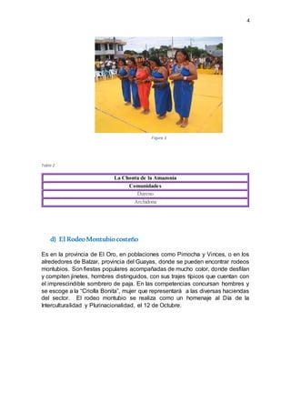 4
Tabla 2
La Chonta de la Amazonía
Comunidades
Dureno
Archidona
d) El RodeoMontubiocosteño
Es en la provincia de El Oro, en poblaciones como Pimocha y Vinces, o en los
alrededores de Balzar, provincia del Guayas, donde se pueden encontrar rodeos
montubios. Son fiestas populares acompañadas de mucho color, donde desfilan
y compiten jinetes, hombres distinguidos, con sus trajes típicos que cuentan con
el imprescindible sombrero de paja. En las competencias concursan hombres y
se escoge a la “Criolla Bonita”, mujer que representará a las diversas haciendas
del sector. El rodeo montubio se realiza como un homenaje al Día de la
Interculturalidad y Plurinacionalidad, el 12 de Octubre.
Figura 3
 