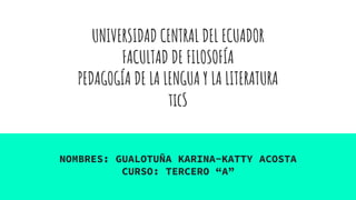 UNIVERSIDAD CENTRAL DEL ECUADOR
FACULTAD DE FILOSOFÍA
PEDAGOGÍA DE LA LENGUA Y LA LITERATURA
ticS
NOMBRES: GUALOTUÑA KARINA-KATTY ACOSTA
CURSO: TERCERO “A”
 