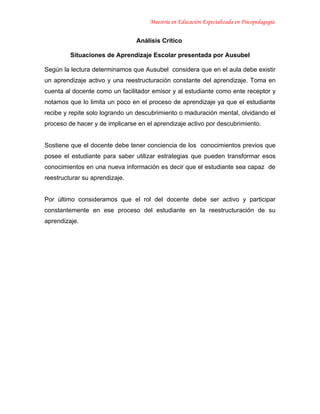 Maestría en Educación Especializada en Psicopedagogía


                                Análisis Crítico

         Situaciones de Aprendizaje Escolar presentada por Ausubel

Según la lectura determinamos que Ausubel considera que en el aula debe existir
un aprendizaje activo y una reestructuración constante del aprendizaje. Toma en
cuenta al docente como un facilitador emisor y al estudiante como ente receptor y
notamos que lo limita un poco en el proceso de aprendizaje ya que el estudiante
recibe y repite solo logrando un descubrimiento o maduración mental, olvidando el
proceso de hacer y de implicarse en el aprendizaje activo por descubrimiento.


Sostiene que el docente debe tener conciencia de los conocimientos previos que
posee el estudiante para saber utilizar estrategias que pueden transformar esos
conocimientos en una nueva información es decir que el estudiante sea capaz de
reestructurar su aprendizaje.


Por último consideramos que el rol del docente debe ser activo y participar
constantemente en ese proceso del estudiante en la reestructuración de su
aprendizaje.
 