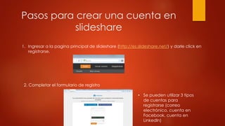 Pasos para crear una cuenta en
slideshare
1. Ingresar a la pagina principal de slideshare (http://es.slideshare.net/) y darle click en
registrarse.
2. Completar el formulario de registro
• Se pueden utilizar 3 tipos
de cuentas para
registrarse (correo
electrónico, cuenta en
Facebook, cuenta en
Linkedln)
 