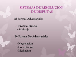SISTEMAS DE RESOLUCION
DE DISPUTAS
A) Formas Adversariales
- Proceso Judicial
- Arbitraje
B) Formas No Adversariales
- Negociación
- Conciliación
- Mediación
 